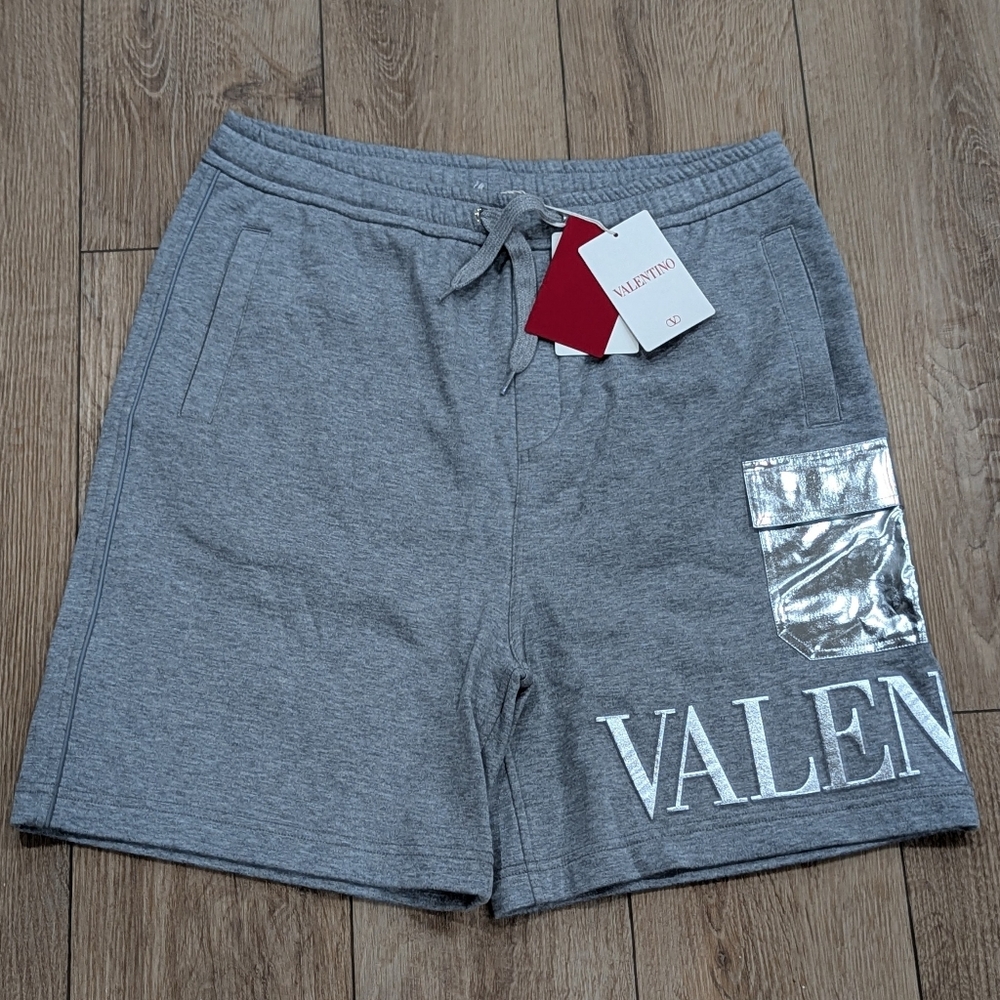 $990 Mens Valentino Logo Drawstring Sweat Shorts Light Gray Medium